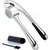 Premium Garlic Press;  Garlic Mincer Set of 3 with Silicone Roller Peeler & Cleaning Brush - Silver