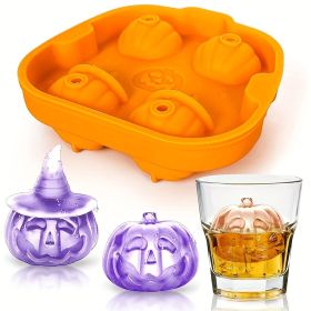 1pc Halloween Spoof Pumpkin Ice Tray 4 Grids Silicone Ice Tray Easy Release Mold Smile Face Wizard Hat Pumpkin Ice Mold - Orange