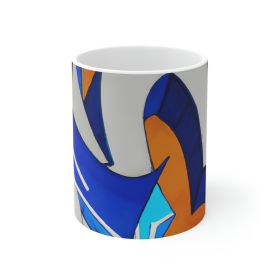Decorative Ceramic Coffee Mug 15oz, Abstract Graffiti Orange Grey Blue Pattern - 11oz