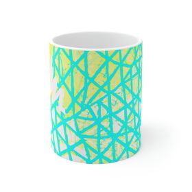 Decorative Ceramic Coffee Mug 15oz, Cyan Blue Lime Green And White Pattern - 11oz