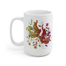Ceramic Mug 15oz, Colorful Peacock Print, Affirmation - i Shall Not Be Weary In Well Doing - 15oz