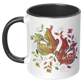 Ceramic Mug 11oz, Multicolor Wild Peacocks Print - Black