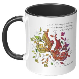 Ceramic Mug 11oz, Affirmation - i Shall Not Be Weary In Well Doing - Galatians 6:9, W/peacock Print - Black
