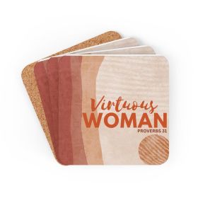 Corkwood Coaster Set - 4 Pieces, Virtuous Woman - Proverbs 31, Neutral Tone Pattern - Cork