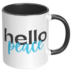 Coffee Cup, Accent Ceramic Mug 11oz, Hello Peace Light Blue - Black