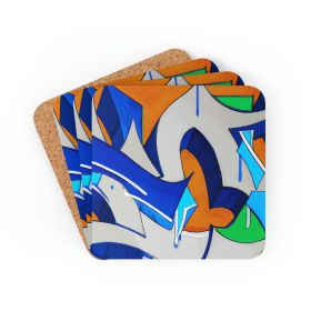 Decor - Coaster Set 4 Piece Home/office, Abstract Graffiti Orange Grey Blue Pattern - Cork