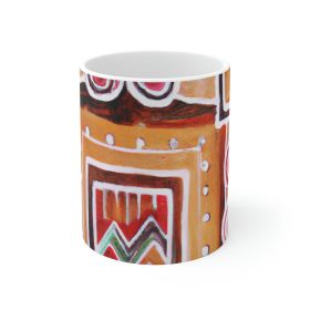 Decorative Ceramic Coffee Mug 15oz, Brown Orange Green Aztec Pattern - 11oz