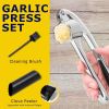 Premium Garlic Press;  Garlic Mincer Set of 3 with Silicone Roller Peeler & Cleaning Brush - Silver