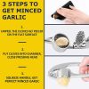 Premium Garlic Press;  Garlic Mincer Set of 3 with Silicone Roller Peeler & Cleaning Brush - Silver